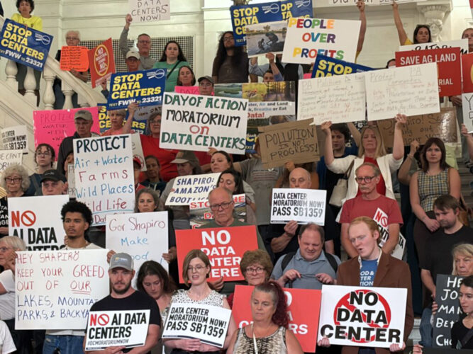 Rally attendees criticize Gov. Shapiro for being ‘incredibly cozy’ with data center industry